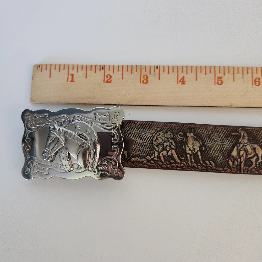 Vintage Kids Western Cowboy Horse Belt Silver Buckle Tooled Brown‎ Leather